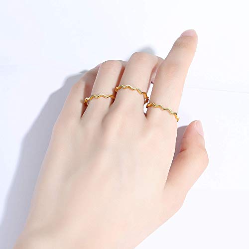 REVEMCN 3Pcs 316L Stainless Steel Simple Wave Ring Set for Women Men Stackable Knuckle Wedding Band Rings Comfort Fit Finger Ring 4 to 11 - color: Gold