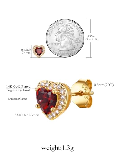FindChic Birthstone Earrings for Women, Round/Heart/Square/Teardrop Earrings with 925 Sterling Silver Posts & Push Backs, Hypoallergenic Studs with Cubic Zirconia, 12 Months Jewelry with Gift Box - style: 01. January-Garnet (Heart-Gold)