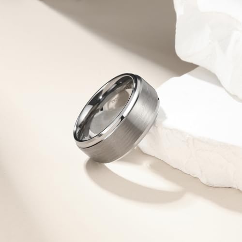 King Will Classic Tungsten Wedding Band for Men, 6/7/8/9/10mm Widths, Polished Finish Step Edge Matte Rings Comfort Fit - color: A-silver 8mm