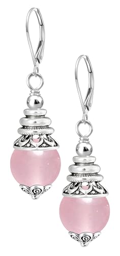Natural 10mm Stone Beads Drop Earrings,Retro Silver Round Quartz Crystal Gemstone Beads Dangle Earrings for Women - color: A17_Rose Quartz