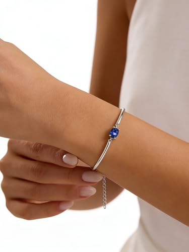 Moissanite/Sapphire/Ruby/Emerald Cuff Bracelet 1 Carat Oval Cut Center Stone Inlaid 925 Sterling Silver 14K Gold Plated Adjustable Birthstone Bangle for Women fit Wrist 5-7.5 Inch - color: Sapphire Silver