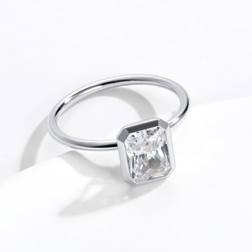 Radiant Cut Moissanite Engagement Ring for Women, Bezel Set Solitaire Ring | D Color VVS1 925 Sterling Silver 14K Gold Plated Wedding Ring, Available in 2CT 3CT 5CT, Diamond Alternative Promise Jewelry - style: 01 - White Gold - 2CT Radiant Moissanite