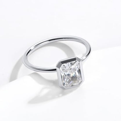 Radiant Cut Moissanite Engagement Ring for Women, Bezel Set Solitaire Ring | D Color VVS1 925 Sterling Silver 14K Gold Plated Wedding Ring, Available in 2CT 3CT 5CT, Diamond Alternative Promise Jewelry - style: 01 - White Gold - 2CT Radiant Moissanite
