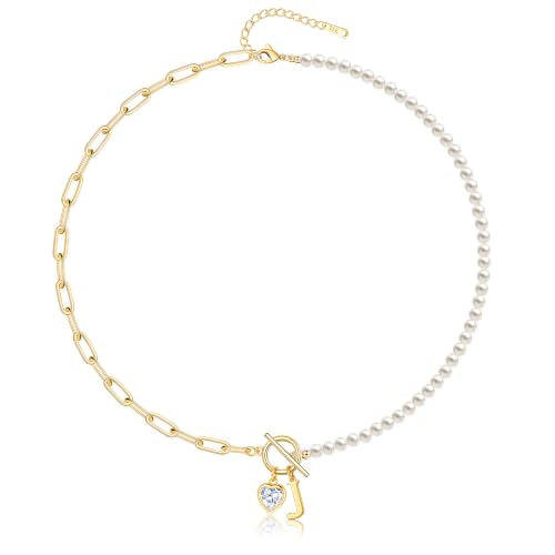 Initial Pearl Necklace for Women, 14K Gold Plated Paperclip Chain | Toggle Clasp, Heart CZ Initial Necklace,Gold Necklace for Women,Bridesmaid Wedding Gifts Jewelry - color: Gold-J