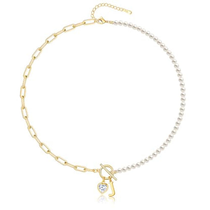 Initial Pearl Necklace for Women, 14K Gold Plated Paperclip Chain | Toggle Clasp, Heart CZ Initial Necklace,Gold Necklace for Women,Bridesmaid Wedding Gifts Jewelry - color: Gold-J