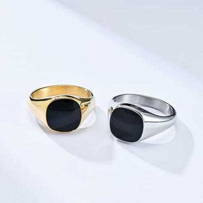 PAMTIER Stainless Steel Square Gemstone Inlaid Signet Rings for Women Men Classic Simple Band Minimalist Jewelry Gift - color: Gold