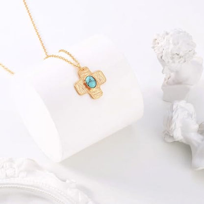 Aobei Pearl 18K Gold Plated Paperclip Chain Choker Satellite Chain Freshwater Cultured Biwa Pearl Pendant Necklace Dainty Turquoise Jewelry for Women - color: Green-blue Oval Turquoise Cross