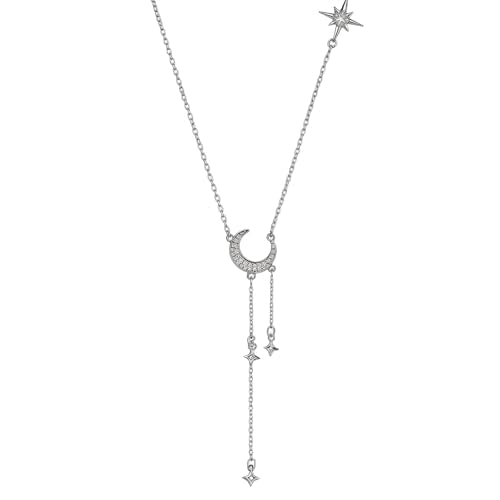 Moon Y Necklace Silver with Star Pendant, Rhinestone Long Link Chain Jewelry, Adjustable Moon Choker Crescent Pendant Collarbone Necklaces, Celestial Statement Jewelry Gifts for Women - style: StyleD
