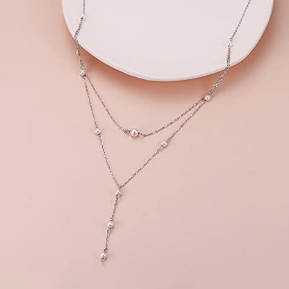 925 Sterling Silver Multilayer Layered Triple Long Chain Necklace for Women - style: Pearl 2 Layered