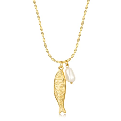 YUJIE Dainty Fish Pendant Necklace for Women 14k Gold Plated Ocean Fish Charm Necklace Summer - color: pearl fish