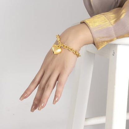 Dankadi Women 925 Sterling Silver Round Cable Wire Link Bracelet Charm Heart-Bell-Square-Circle Pendant Chain Bangle Fine Jewelry Gift For Wife Her - color: 6MM Gold Heart Pendant, size: 7 in