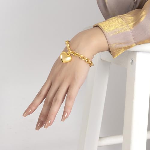 Dankadi Women 925 Sterling Silver Round Cable Wire Link Bracelet Charm Heart-Bell-Square-Circle Pendant Chain Bangle Fine Jewelry Gift For Wife Her - color: 6MM Gold Heart Pendant, size: 8.5 in