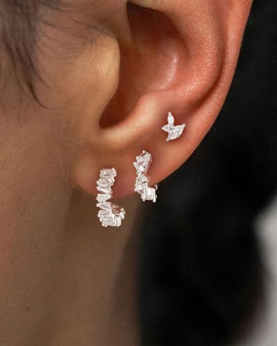 3 Pairs Earring Stacks, Gold Earring Set Jewelry Gift for Women | Small, 14K Gold/White Gold/Black/Rose Gold Plated, Hypoallergenic, Her, Everday, Stackable, Simple, 3 Holes - color: Silver-Geometric