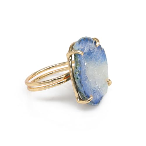 Elegant Geode Druzy Gemstone Statement Ring for Women, Adjustable Ring, Gold Plated Stone Size 20-25mm - color: Blue, style: 1