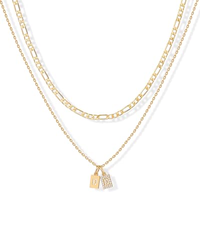 PAVOI Initial Necklace for Women, 14K Gold Plated Double Dog Tag CZ Pendant | Dainty Necklace, Letter Tag Necklace, Cubic Zirconia Pendant, Box Chain Necklace - style: - D