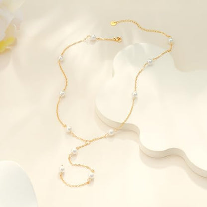 Pearl Necklaces for Women - 14K Gold Plated Y-Shaped Choker Necklace for Women, Gold Jewelry Beaded Necklace Gifts for Teens - color: Y-Pearl-5