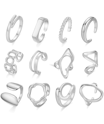 Fxiqini 12Pcs Gold Stackable Rings 18K Gold Plated Chunky Knuckle Finger Ring Geometric Bead Cloud Wave Flower Hollow Statement Bands Signet Open Rings for Women Adjustable Size 4-9 - color: B-Sliver