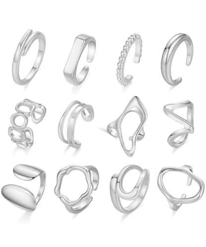 Fxiqini 12Pcs Gold Stackable Rings 18K Gold Plated Chunky Knuckle Finger Ring Geometric Bead Cloud Wave Flower Hollow Statement Bands Signet Open Rings for Women Adjustable Size 4-9 - color: B-Sliver