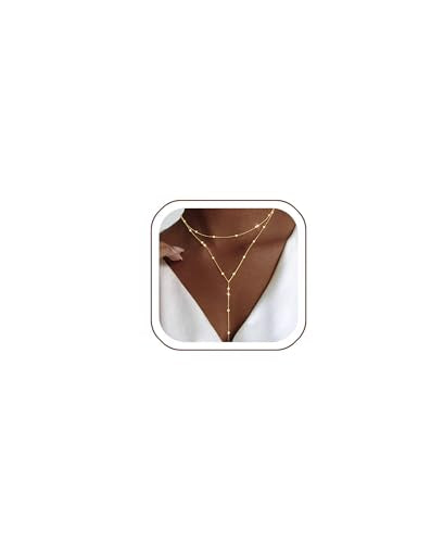 Luxval Lariat Gold Necklace for Women, Dainty Long Necklace 14k Gold Plated/Silver Y-Shaped Pendant Necklaces Trendy Beaded Chain Drop Necklaces Jewelry for Women Gifts - color: Gold-Y Layered Bead Necklace