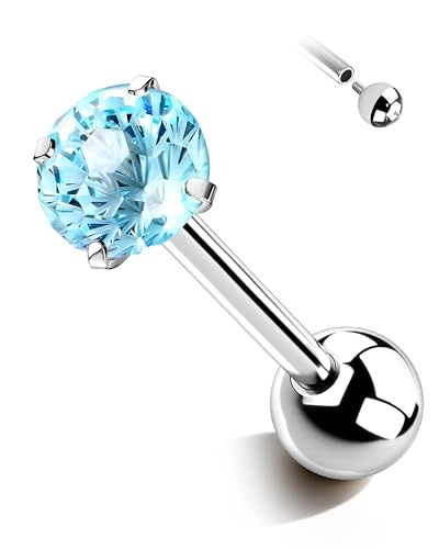 G23 Solid Titanium Tongue Ring Barbell 14G Firework CZ Bar Tongue Rings Surgical Steel Toungue Piercing - color: Blue