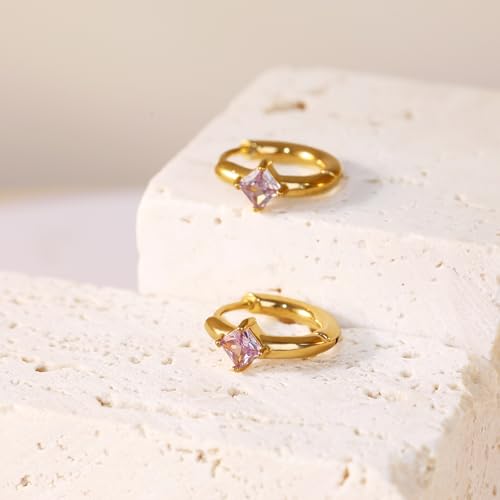 316L Surgical Steel Birthstone Hoop Earrings for Women | Lightweight, 5A Cubic Zirconia, Hypoallergenic, Lead & Nickel Free, 8mm Huggie Hoops - color: 18k gold-plated: 06. June (Alexandrite)
