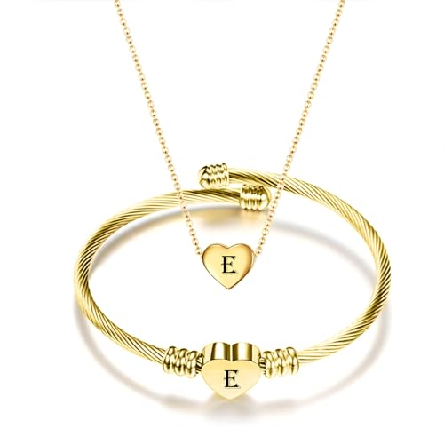 MYNENEY Necklace and Bracelet for Women Stainless Steel Initial Jewelry Set - color: Gold-E