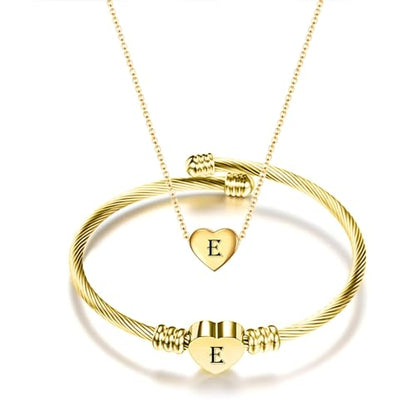 MYNENEY Necklace and Bracelet for Women Stainless Steel Initial Jewelry Set - color: Gold-E