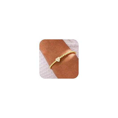 Beaded Bracelets for Women Dainty Beaded Heart Initial Bracelets Letter A-Z Charm Stretch Bead Ball Bracelet Trendy Jewelry Gifts - style: Gold-L