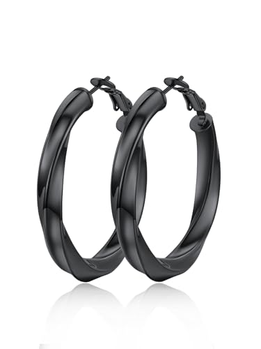 FindChic Twisted Hoop Earrings for Women, Silver/Black/14K Gold Plated Hypoallergenic Hollow Tube Rounded Loop Earrings, 30mm/40mm/60mm/80mm Hoops with Custom Name Options and Gift Box - color: a.Black, size: 40MM