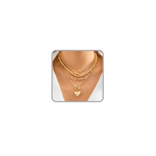 Otxas Layered Gold Necklaces for Women Non Tarnish Chunky Necklace | Stacked Necklaces for Women Heart Pendant Toggle Necklace Paperclip Chain Necklaces for Daily Wear, Party, Gift - style: Style 1