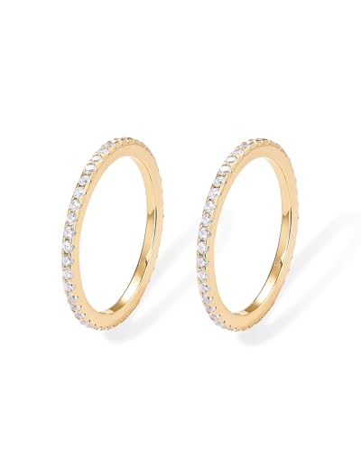 PAVOI 925 Sterling Silver Wedding Band for Women, 14K Gold Plated CZ Ring | Dainty Stackable Rings for Women, Cubic Zirconia Eternity Rings - color: 2-Pack Yellow Gold