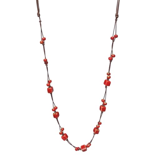 Bohemian Long Beaded Necklace for women, Colorful Hippie Long Layered Necklace, Handmade Boho Jewelry Gift for Mom - color: Red