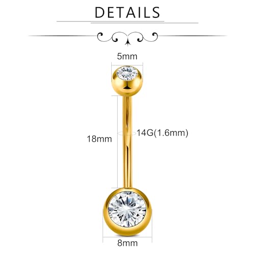 VCMART 14g Belly Button Ring Belly Button Piercing Belly Rings Surgical Steel Belly Button Rings 6mm 8mm 10mm 12mm 14mm 16mm 18mm Short Long Bar Belly Piercing Jewelry for Women - style: A2 -8pcs, gold