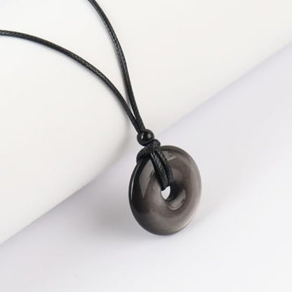 Anjiucc Natural Gemstone Pendant Necklce Lucky Coin Crystal Necklace Donut Pendnat with Adjustable Rope Healing Crystal for Men - color: Silvery Sheen Obsidian