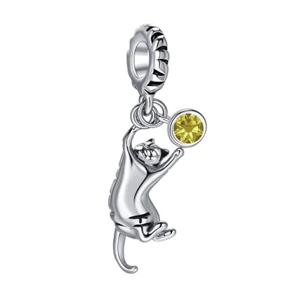 Ginger Cat Playing Tabby Dangle Charm Compatible with Pandora Charms Bracelets with CZ Birthstones for Cat Lovers Women Mother's Day - style: Nov Tabby Cat