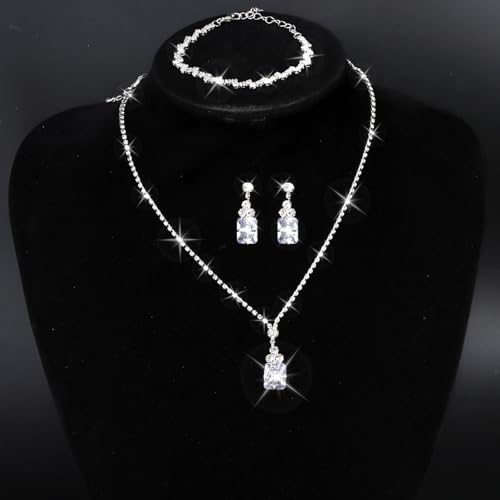 CAVETEE Jewelry Set - Prom Jewelry Crystal Bridal Necklace, Bracelet & Pendant Earring Jewelry Set for Women - style: Square crystal