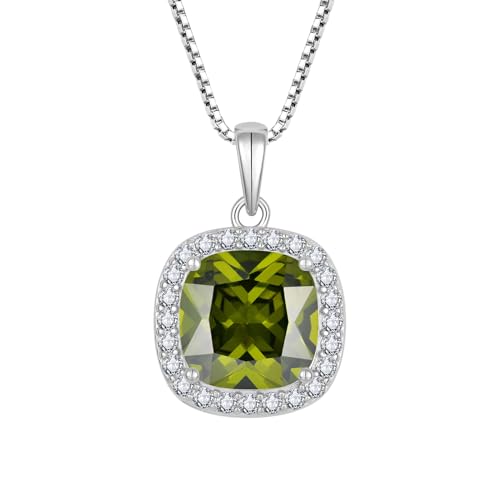 Birthstone Necklace for Women 925 Sterling Silver Princess Cut Halo Necklace Pendant Jewelry for Mom Wife - color: Olive Green