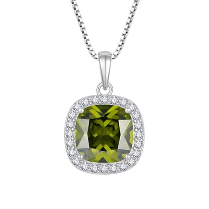 Birthstone Necklace for Women 925 Sterling Silver Princess Cut Halo Necklace Pendant Jewelry for Mom Wife - color: Olive Green