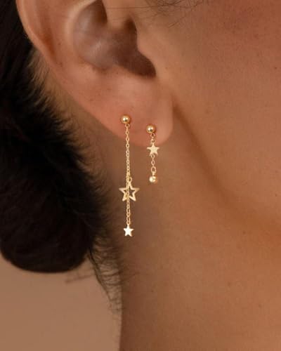 Dangle Earrings for Women - 14K Gold/White Gold/Rose Gold Plated Butterfly Heart Star Hoop Chain Long Tassel Cubic Zirconia CZ Dangle Earrings - color: Star Asymmetric