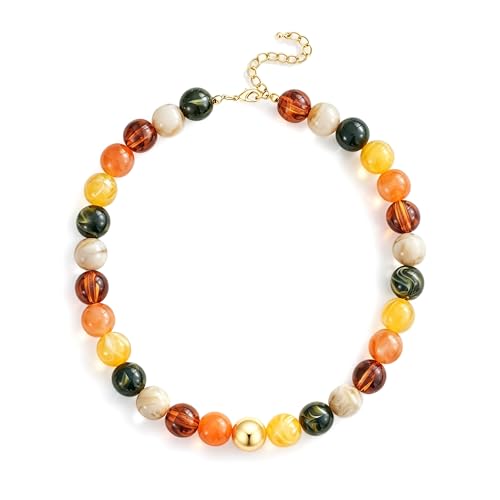 Colorful Chunky Beaded Necklaces for Women Multicolor Large Round Resin Beads Collar Necklace Boho Trendy Statement Chokers Y2K Summer Beach Jewelry - color: Autumn‑multicolor