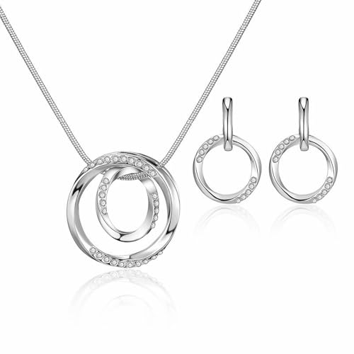 3 Circles Silver Hoop Earrings Necklace Set for Women Geometric Jewelry Set | 925 Silver Hypoallergenic Small Hoop Circle Geometry Textured Finish Minimalist Style Comfortable Wear - style: double Circle set-silver