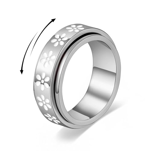 Fidget Anxiety Spinner Rings for Women | 14K Gold Silver Plated, 8mm Thick Stainless Steel Band Ring, Statement Cross Flower Spinning Rings, Jewelry Gifts, Size 6-10 - color: Silver-Flower