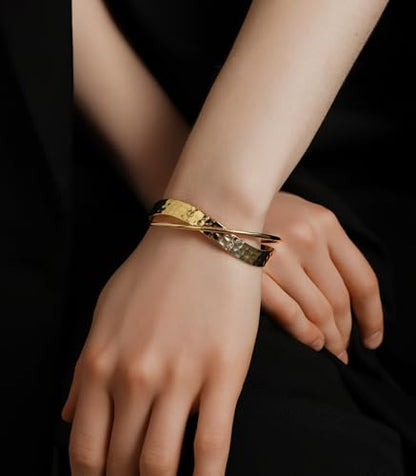 OZEL – Women’s Gold Cuff Bracelets – 18K Gold Plated Textured Bangles with Multi-Color Crystal & Rhinestone Accents – Layered Stacking Jewelry - color: 200705