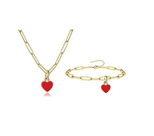 Sweet Enamel Forever Love Heart Shape Link Bracelet Paperclip Chain Stainless Steel Necklace for Mom Wife Lover Valentine's Day Preppy Jewelry - color: Red A Set