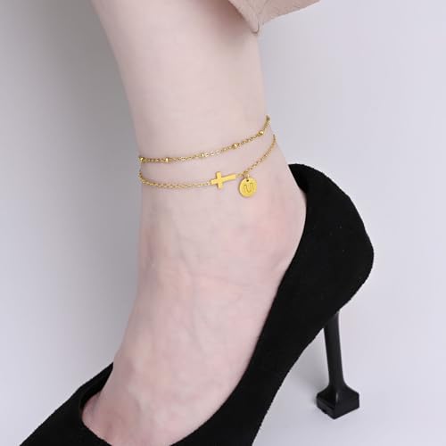Gold Cross Ankle Bracelets for Women | Anklets for Women Waterproof with Initial Charm (A-Z) | Non Tarnish Summer Beach Jewelry Gifts for Her - color: Gold U