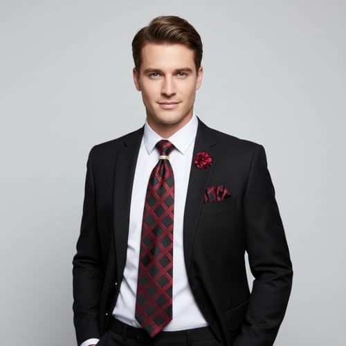 5PCS Mens Silk Tie, Pocket Square, Cufflinks, Drilled Tie Ring and Lapel Pin Set for Wedding Groom Party - color: Red Plaid Tie Set -131+3