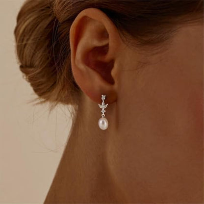 Pearl Earrings for Women:Gold Wedding Dangle Drop Earring Pearl Jewelry | 14K Gold Plated Pearl Drop Earrings for Women,Dainty Wedding Bride Earring Studs,Gold Dangle Drop Earring,Waterproof Jewelry - size: 1 pcs-11