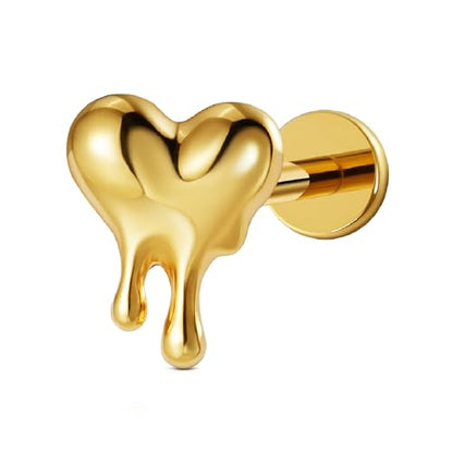 ASTM F136 Titanium Halloween Piercing Jewelry 16G 6mm 8mm, Cartilage Flatback Earring Stud for Helix Conch, Hypoallergenic, Nickel free - color: Molten Heart - Gold