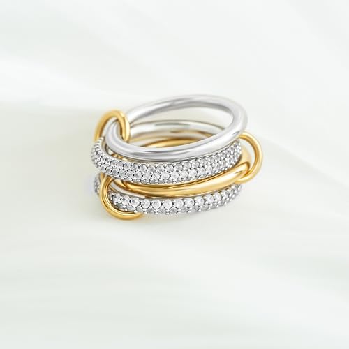BKC Gold Stackable Rings for Women, 14k Gold Plated Chunky Statement Cubic Zirconia Rings, Silver Gold Multi Ring Interlocking Mixed Metals Stack Rings Set Non Tarnish - color: Whisper set, size: 6