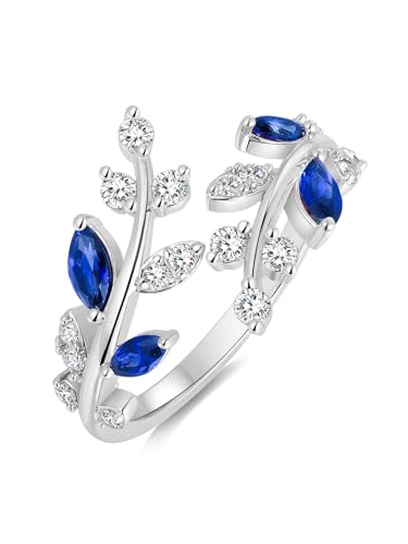 Silver Leaf Ring for Women 925 Sterling Silver Yellow Gold Plated CZ Inlaid Marquise Sapphire/Ruby/Emerald Cocktail Rings Size 6 to 10 - color: Sapphire - Silver